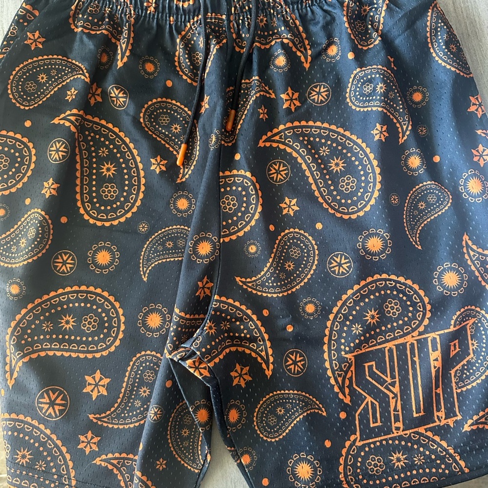Orange and Black Paisley Print Shorts with SUP Logo Size XXL (Fits like XL)